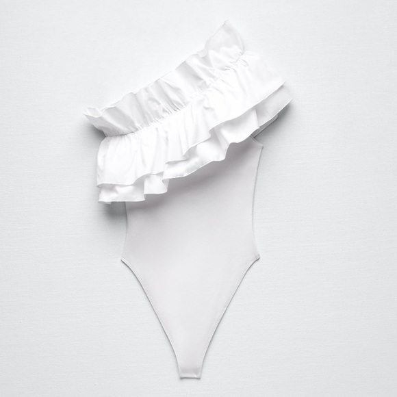NWT. Zara White Asymmetric Ruffled Bodysuit. Size S, M, L. - Picture 8 of 12